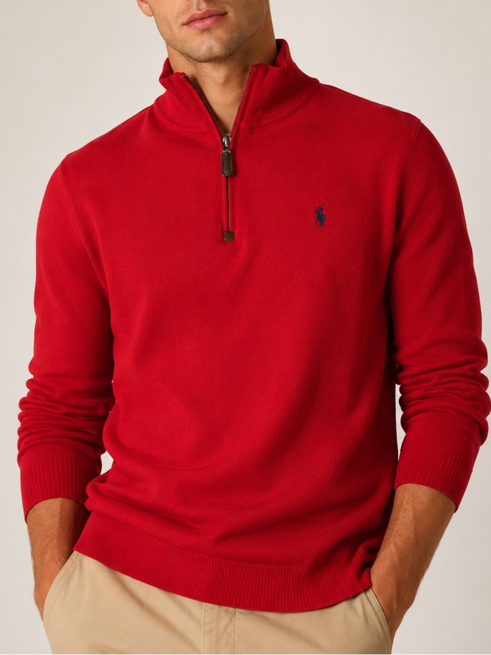 Polo Ralph Lauren 100% Cotton Half Zip Sweater Size M Cherry Red Classic Cozy